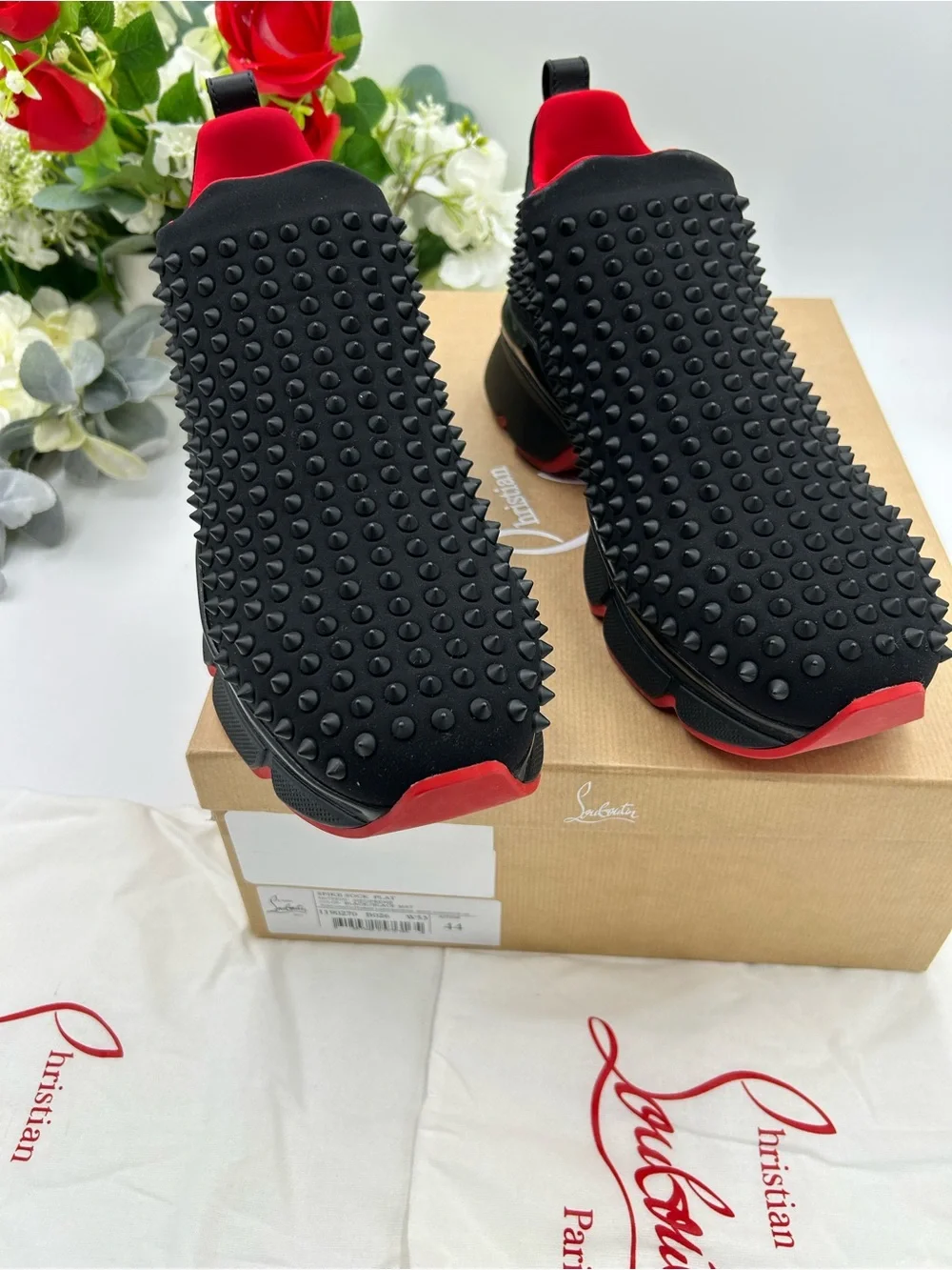 Men's Christian Louboutin black spike sock sneakers size 44 made in Italy